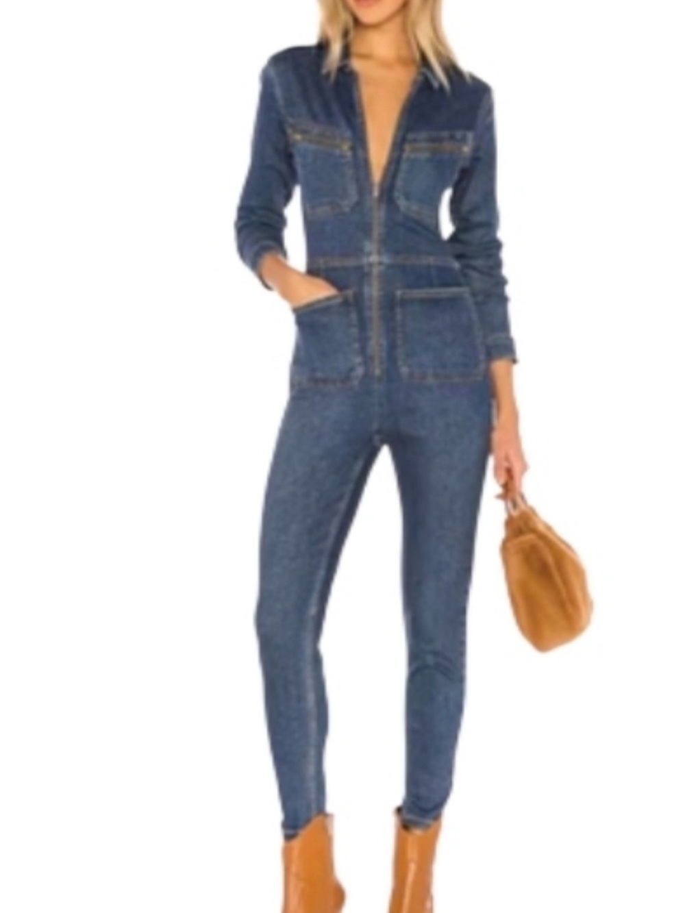 Free People Dark Blue Denim Zip-Front Jumpsuit